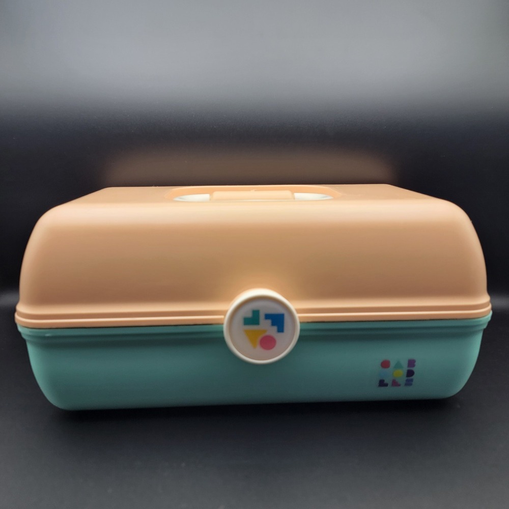 Caboodle 12" Vintage Makeup Case Organizer Peach Teal Two Tier Mirror 5626 4508